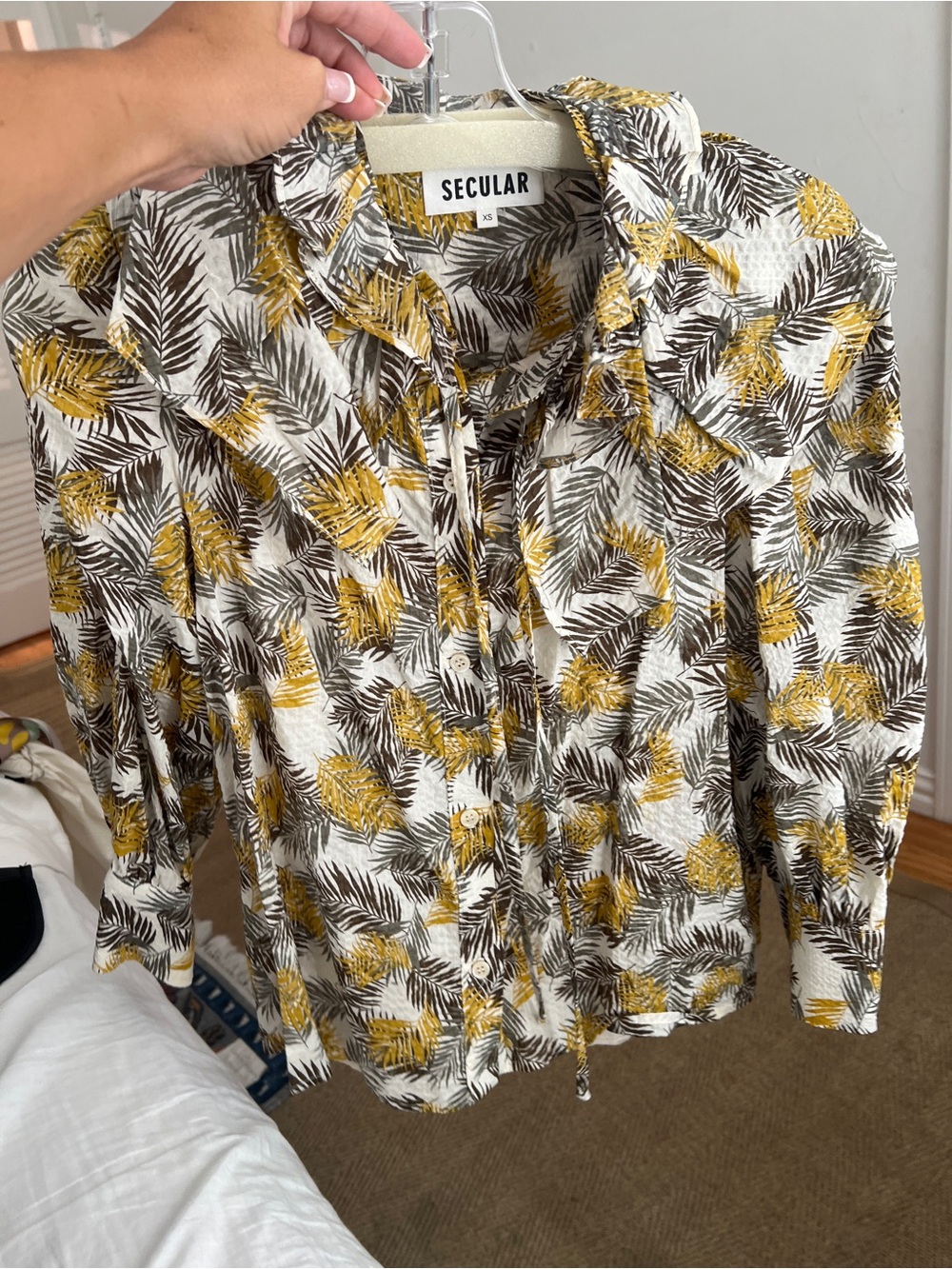 Secular 100% cotton XS NEW Yellow & Brown Leaf Print Button-Front Blouse